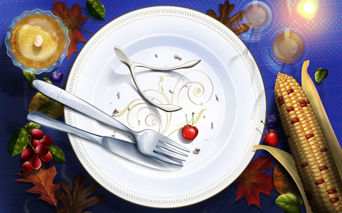 感恩节图片，艺术画，餐盘，刀，叉，樱桃 壁纸 图片