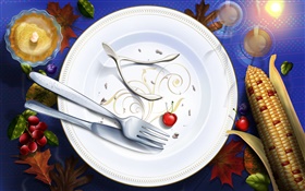 感恩节图片，艺术画，餐盘，刀，叉，樱桃
