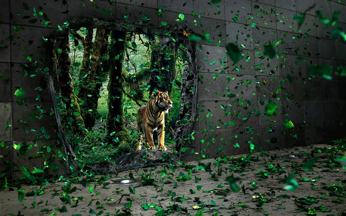 老虎在森林里，绿叶飞舞，创意图片 壁纸 图片