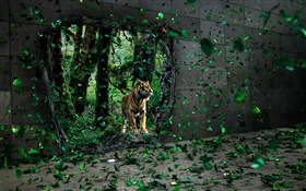 老虎在森林里，绿叶飞舞，创意图片