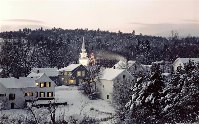 镇在冬季，房子，厚厚的雪，晚上，灯 壁纸 图片