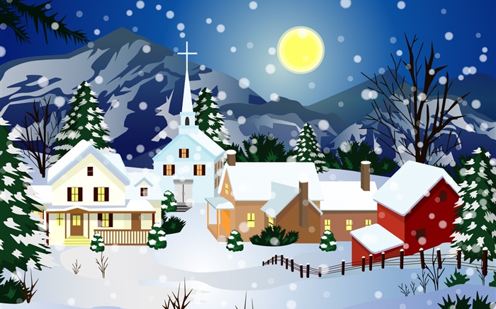 矢量图片，厚厚的积雪，房子，月亮，圣诞 壁纸 图片
