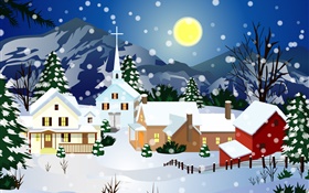矢量图片，厚厚的积雪，房子，月亮，圣诞