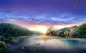村庄，河流，树木，飞鸟，日落，云海，3D渲染设计