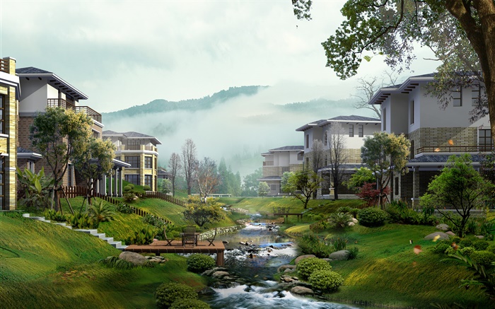 别墅，小溪，树木，雾，3D渲染设计 壁纸 图片