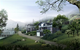 别墅，道路，树木，山，3D设计 高清壁纸