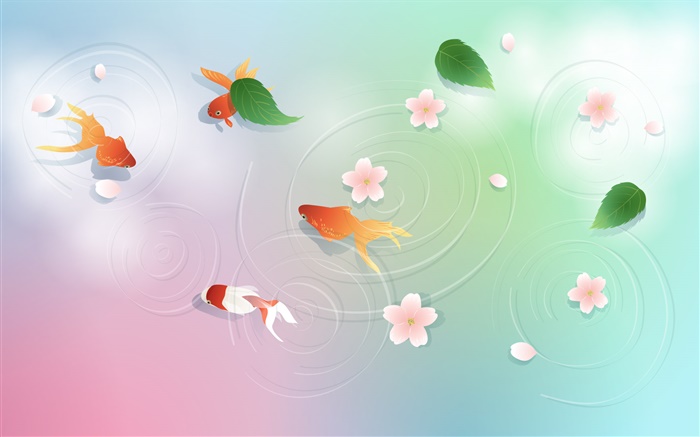 水，金鱼，叶，花，矢量设计 壁纸 图片