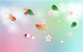 水，金鱼，叶，花，矢量设计 高清壁纸
