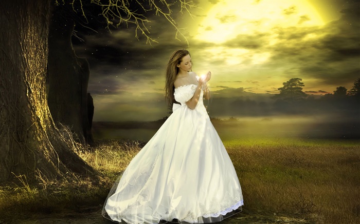 白色连衣裙的女孩幻想，黄昏，神奇 壁纸 图片