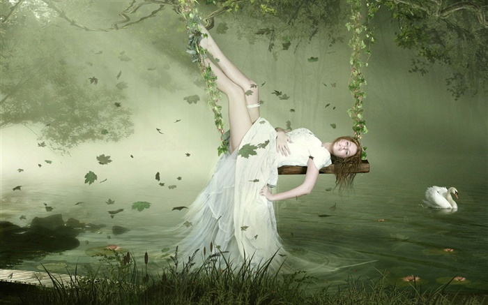 白色的连衣裙幻想女孩躺在秋千上，天鹅，湖，叶子 壁纸 图片
