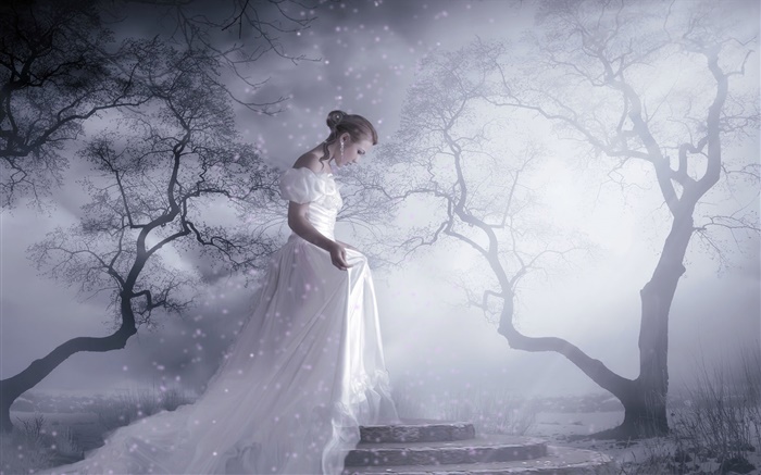 白色连衣裙的女孩幻想，树木，雪，光线 壁纸 图片