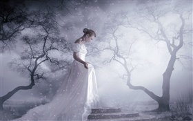 白色连衣裙的女孩幻想，树木，雪，光线 高清壁纸