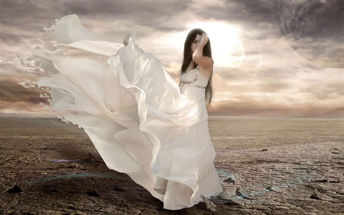 白色连衣裙的女孩幻想，风吹，日晒 壁纸 图片
