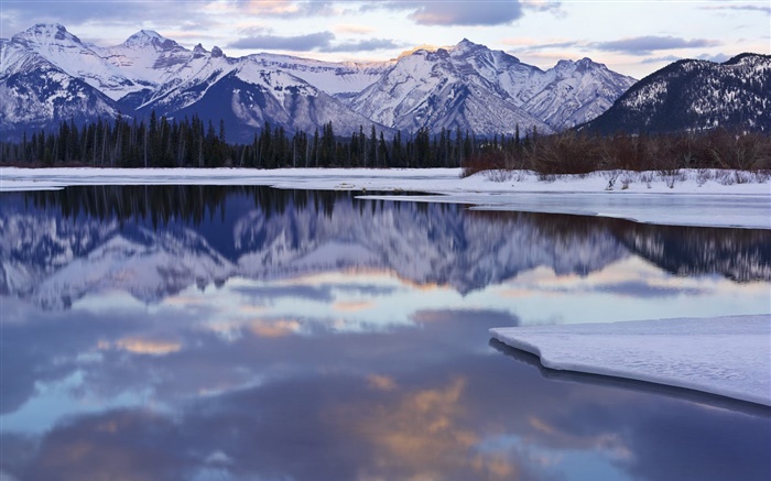 冬天，雪，山，树木，湖泊，水中的倒影 壁纸 图片