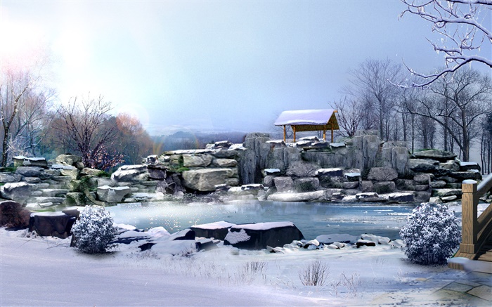 冬季，厚厚的积雪，石头，树木，池塘，3D渲染的图片 壁纸 图片