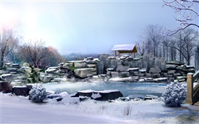冬季，厚厚的积雪，石头，树木，池塘，3D渲染的图片