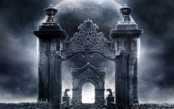 巫师的城堡大门，月亮，创意设计 壁纸 图片
