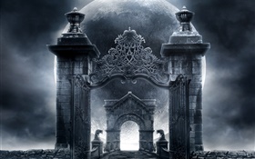 巫师的城堡大门，月亮，创意设计 高清壁纸
