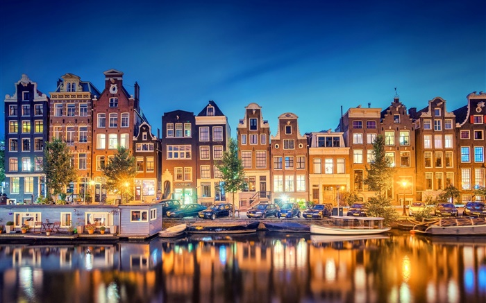 阿姆斯特丹，荷兰，市，晚上，河流，房屋，灯 壁纸 图片