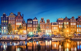 阿姆斯特丹，荷兰，市，晚上，河流，房屋，灯 高清壁纸