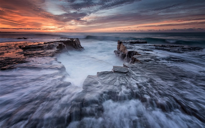 澳大利亚，新南威尔士州皇家国家公园，海岸，海，岩石，黎明 壁纸 图片
