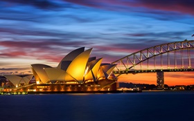 澳大利亚，悉尼歌剧院，大桥，晚上，灯，海 高清壁纸