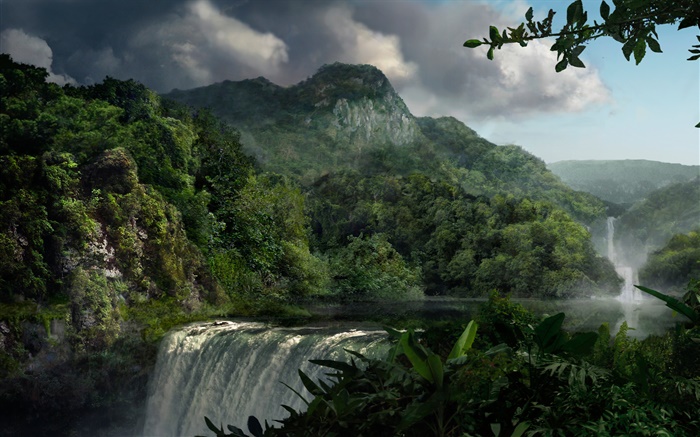美丽的风景，瀑布，高山，植物 壁纸 图片