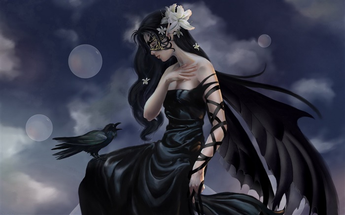 黑色礼服幻想的女孩，乌鸦精灵，翅膀 壁纸 图片