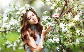 棕色头发的女孩，苹果树，白百花齐放 高清壁纸
