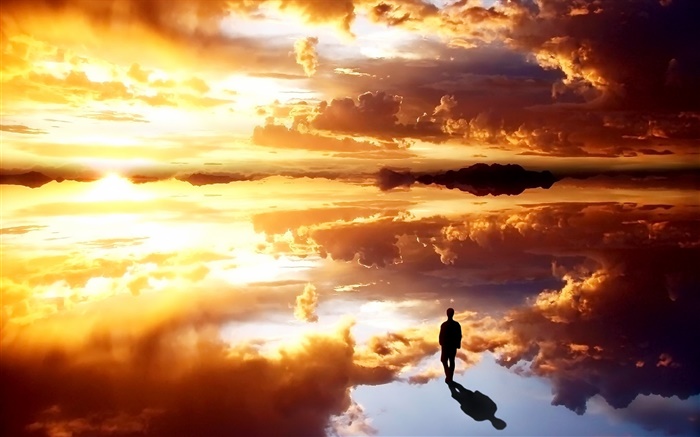 云，日落，人，反射 壁纸 图片