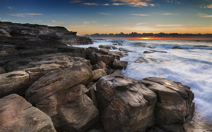 海岸，海洋，岩石，日出，沙滩 壁纸 图片
