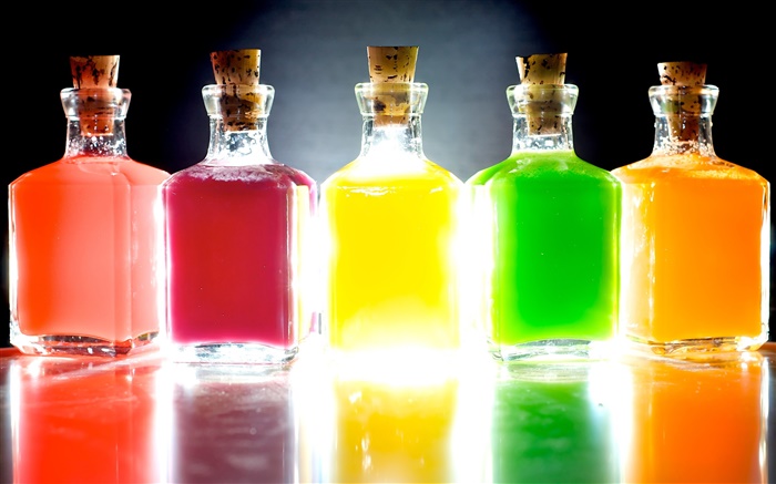 丰富多彩瓶，五种不同颜色，光 壁纸 图片