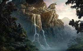 龙，悬崖，瀑布，创意设计 高清壁纸