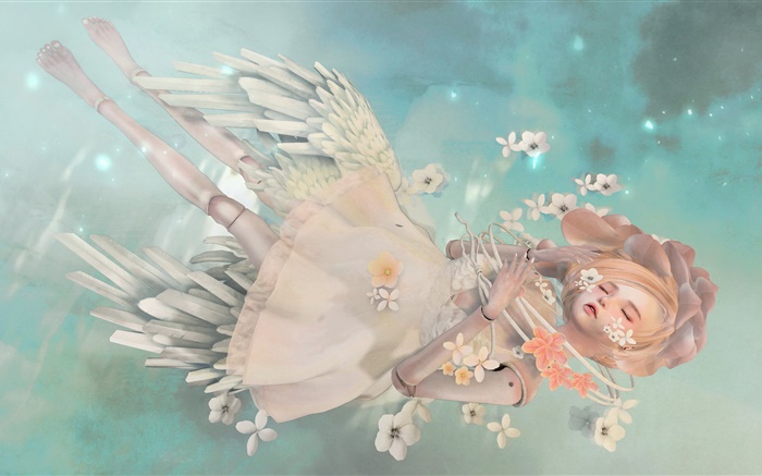 幻想天使女孩，金发，睡眠，鲜花 壁纸 图片