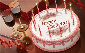 生日快乐，蛋糕，蜡烛，酒，礼品 高清壁纸