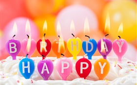 生日快乐，五颜六色的蜡烛，火，蛋糕 高清壁纸