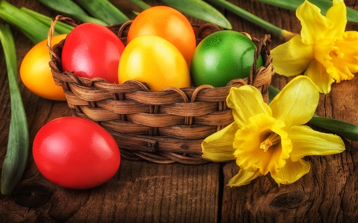 复活节快乐，丰富多彩的蛋，装饰，黄色的水仙花 壁纸 图片