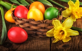 复活节快乐，丰富多彩的蛋，装饰，黄色的水仙花