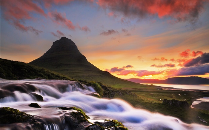 冰岛，基尔丘山，山，瀑布，早上，日出 壁纸 图片
