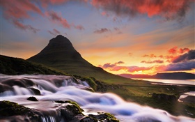 冰岛，基尔丘山，山，瀑布，早上，日出