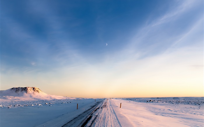 冰岛，冬季，雪，道路，早晨，天空 壁纸 图片