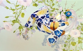 日本女孩，白头发，和服，幻想 高清壁纸