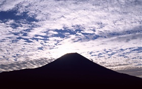 富士山，日本，剪影，云，黄昏