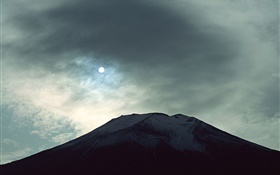夜景富士山，月亮，云，日本