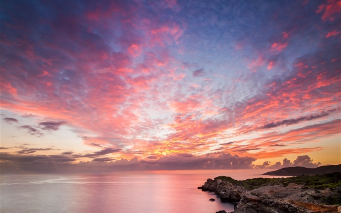 海洋，海岸，岩石，日落，红色的天空，美丽的风景 壁纸 图片
