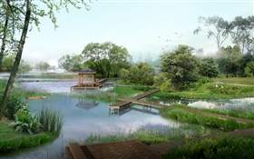 公园景观湖，鸭，树，亭，草，鸟，3D渲染的图片 高清壁纸