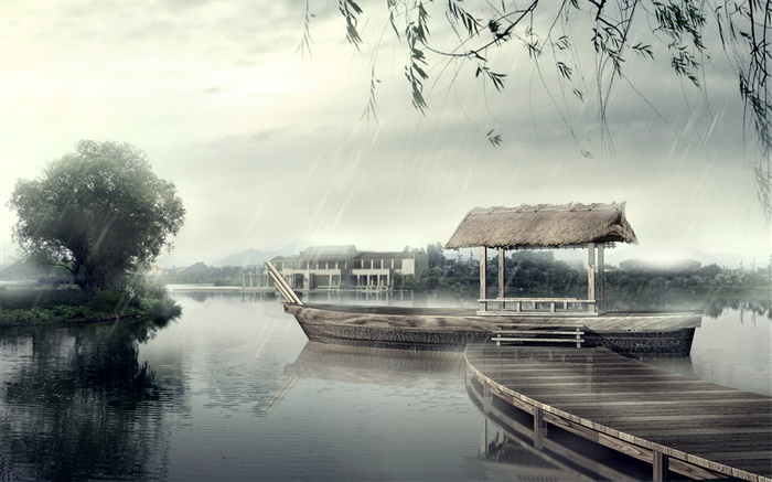 码头，船，河流，树木，未雨绸缪，3D设计 壁纸 图片