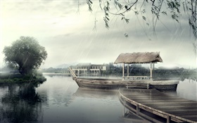 码头，船，河流，树木，未雨绸缪，3D设计 高清壁纸