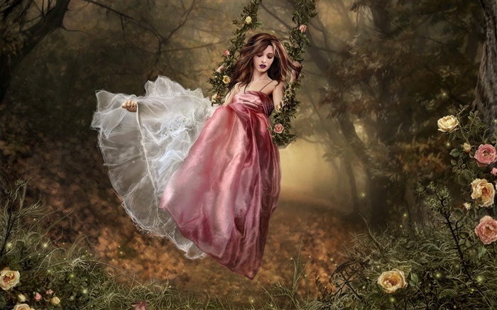 粉红色连衣裙的幻想女孩坐在秋千上 壁纸 图片