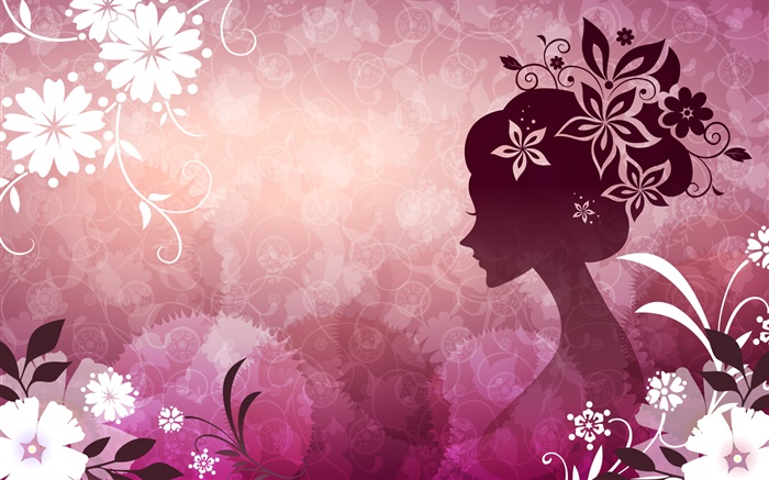 紫色背景，矢量女孩，鲜花，美丽 壁纸 图片